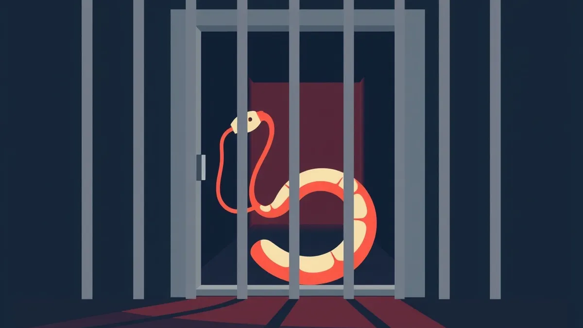 Illustration: A gray prison cell door slams shut on a digital shadow shaped like a coiled serpent.