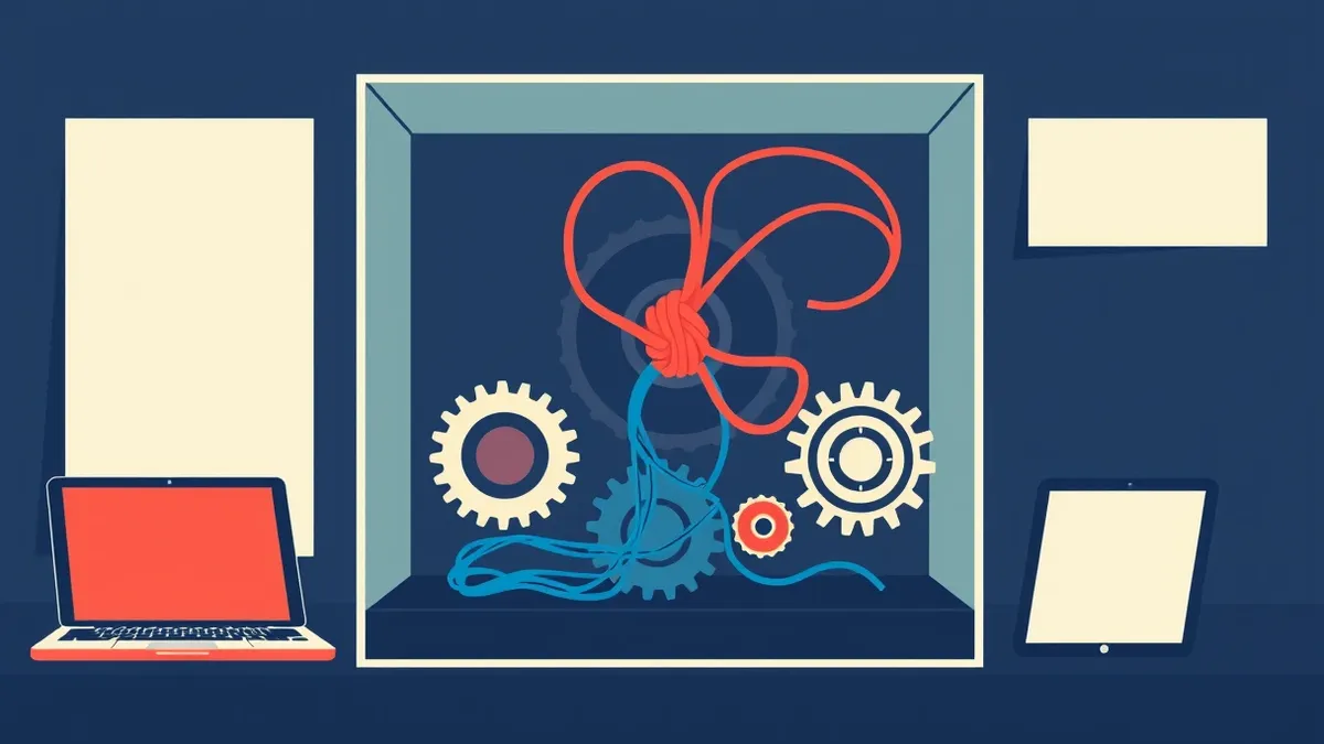 Illustration: A glass box reveals intricate gears turning inside, with a tangled knot of red threads blocking one gear’s path while blue threads flow smoothly past it.