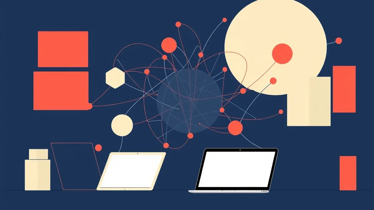 Illustration: A tangled web of thin threads connects a central sphere to various distinct shapes like cubes and cylinders.