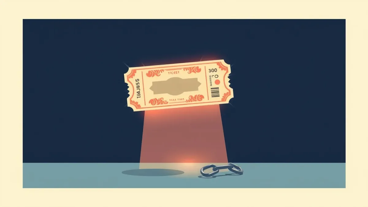 Illustration: A glowing, ornate ticket floats in midair, its surface marked by abstract geometric shapes.