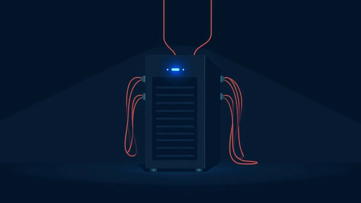 Illustration: A sleek black artificial intelligence server sits alone in a dark room, its blue status lights abruptly turning red as thick steel cables snap and retract from the wa