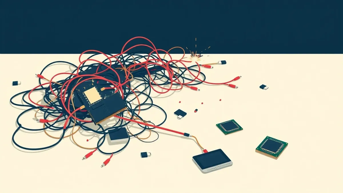 Illustration: A tangled mass of tangled wires and broken circuit boards lies on a sterile white surface, representing chaotic memory access.