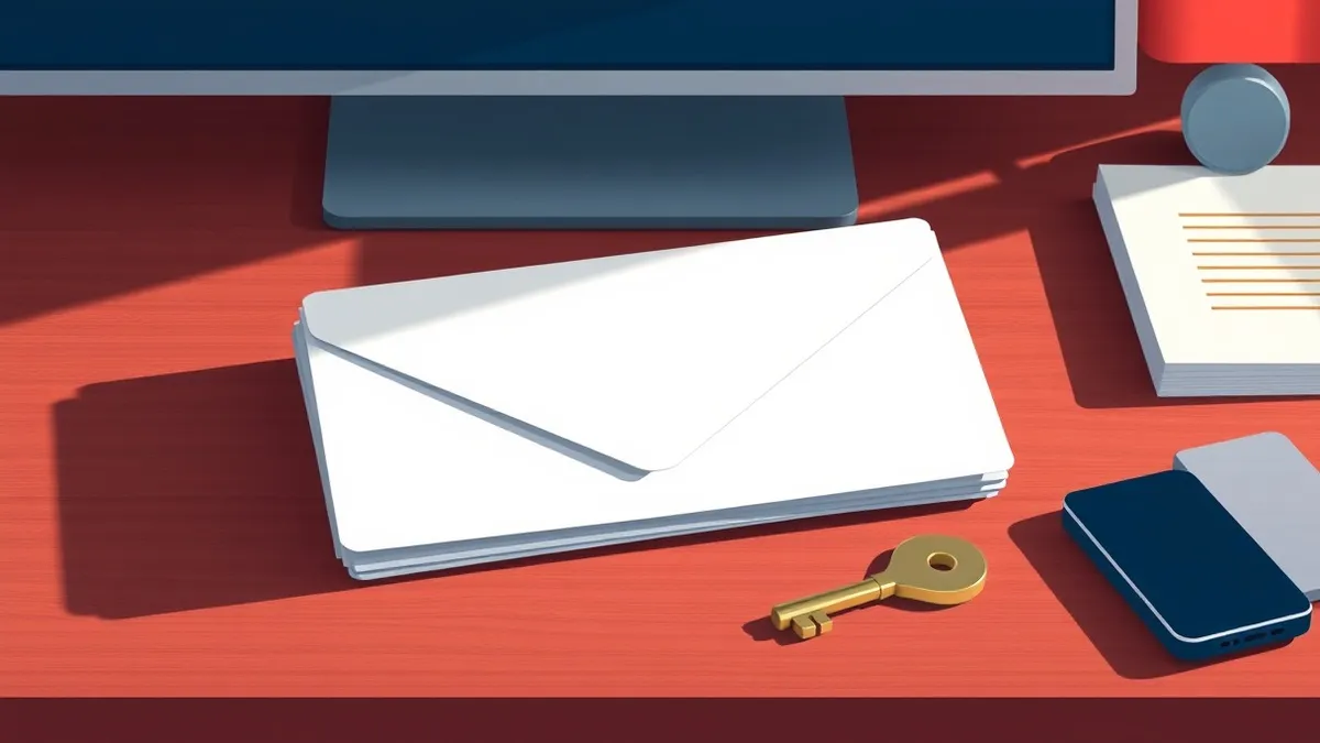 Illustration: A stack of blank white envelopes sits neatly on a sleek wooden desk beside a single unmarked key.