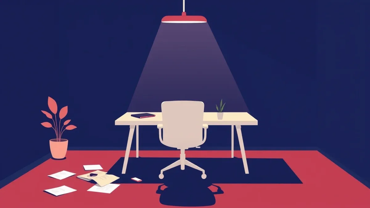 Illustration: A white office chair sits empty before a sleek desk, its surface cluttered with crumpled papers and a single, blank smartphone.