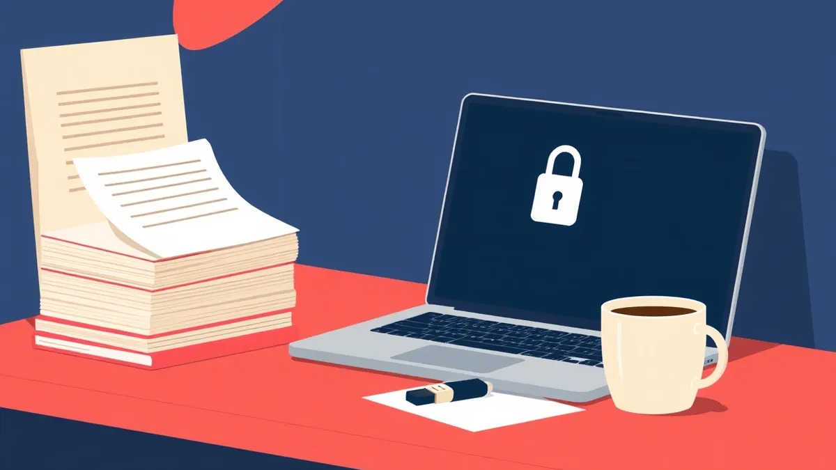 Illustration: A small office desk holds an unlocked laptop next to a stack of paper files.
