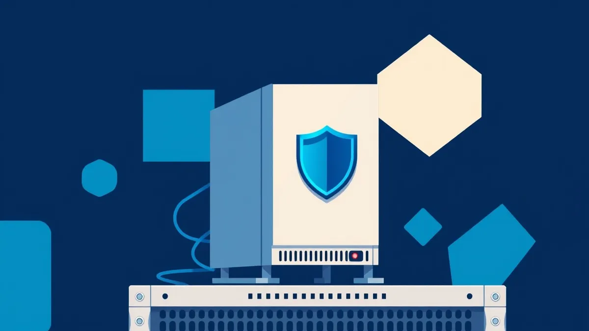 Illustration: A sleek white server node sits on a metal rack, its front panel featuring a prominent blue shield emblem.