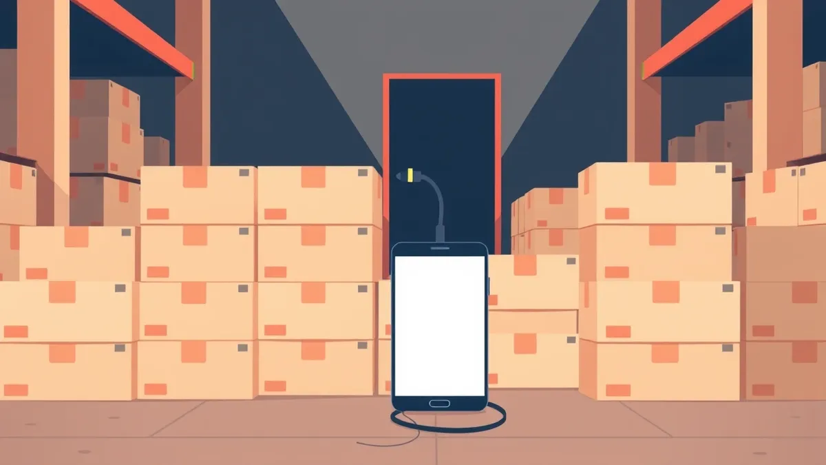 Illustration: A stack of unmarked cardboard boxes sits on a warehouse floor, each containing a generic smartphone with a blank screen.