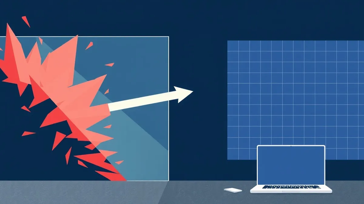 Illustration: A transparent glass wall separates a chaotic storm of jagged red shards on the left from a calm, structured blue grid on the right.