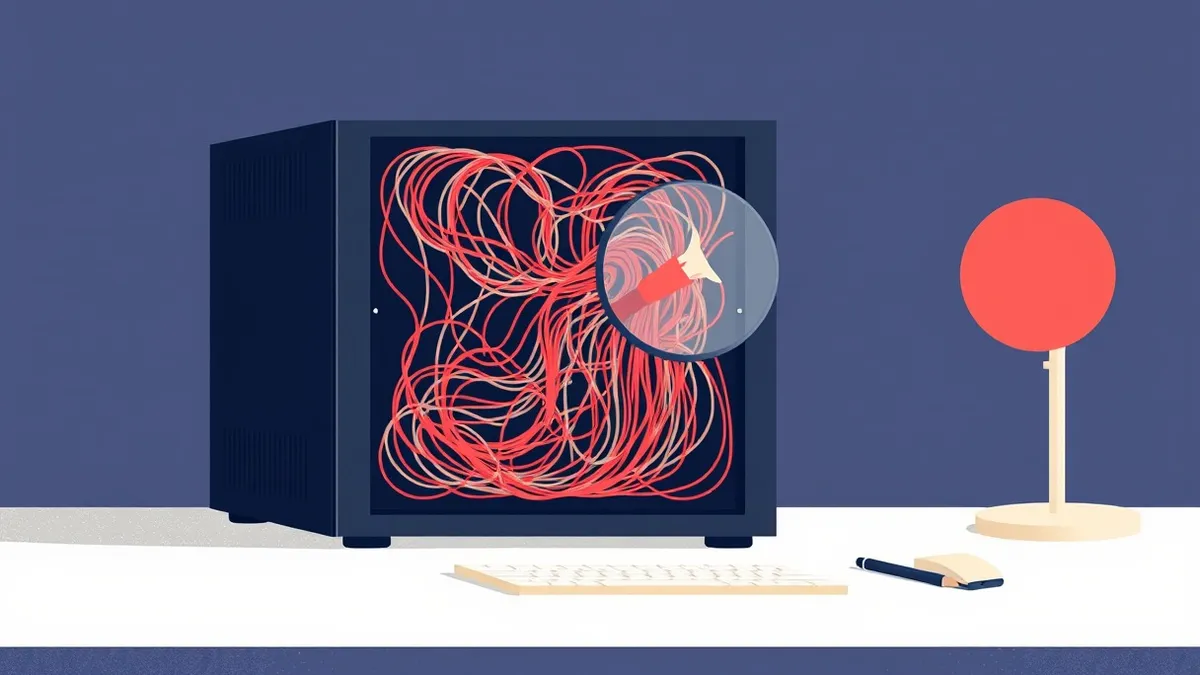 Illustration: A sleek black server box sits on a clean white desk, its side panel removed to expose a tangle of chaotic, colorful wires that mimic neural pathways.