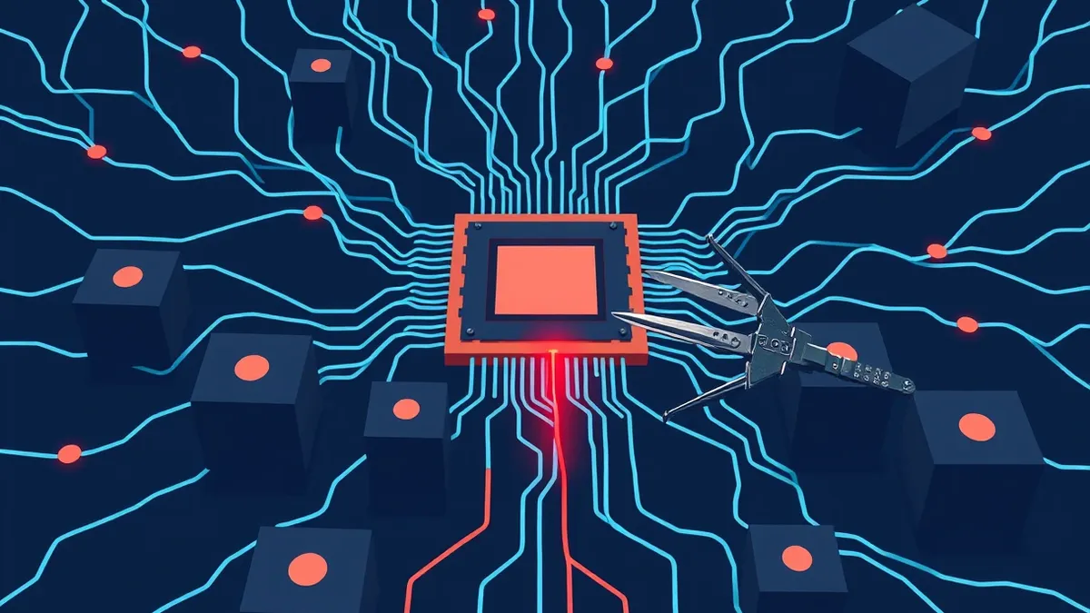 Illustration: A tangled web of thin, glowing blue threads connects a central processing chip to several dark, unmarked cubes.