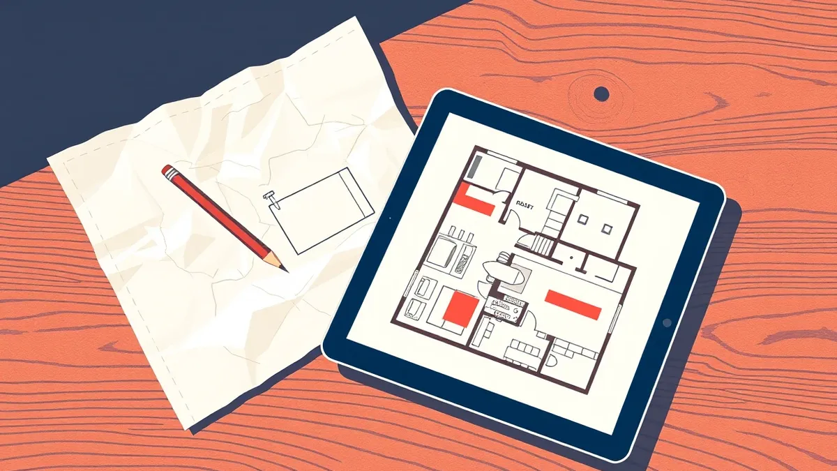 Illustration: A crumpled napkin with a rough pencil sketch of a house layout rests on a wooden drafting table.