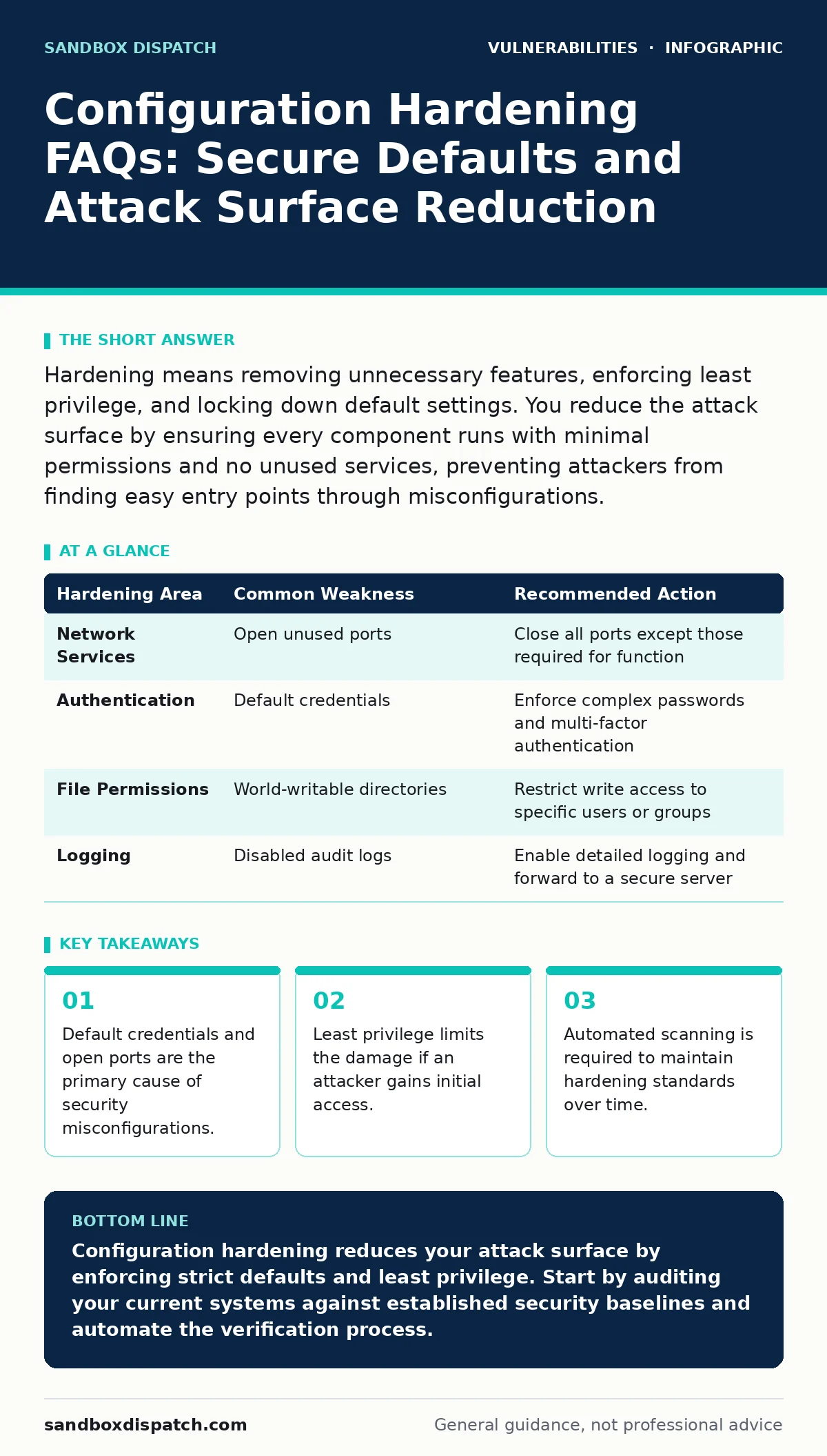 Infographic: Configuration Hardening FAQs: Secure Defaults and Attack Surface Reduction. Default credentials and open ports are the primary cause of security misconfigurations. Least privilege limits the damage if an attacker gains initial access. Automated scanning is required to maintain hardening