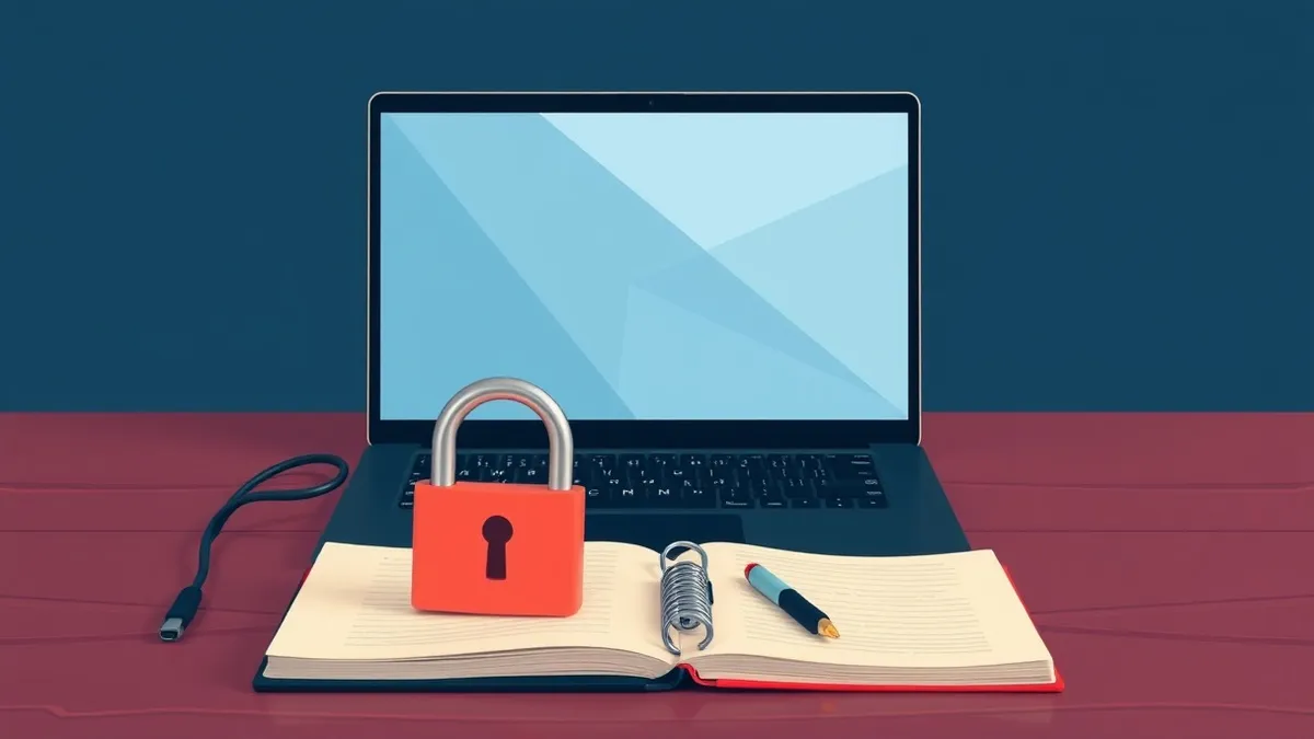 Illustration: A clean, open laptop sits on a wooden desk beside a physical padlock resting on a closed notebook.