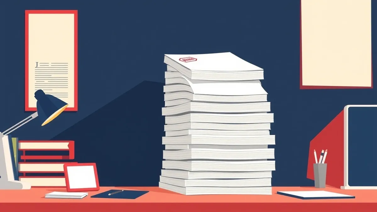 Illustration: A towering stack of blank white paper sheets rises from a desk, threatening to topple over.