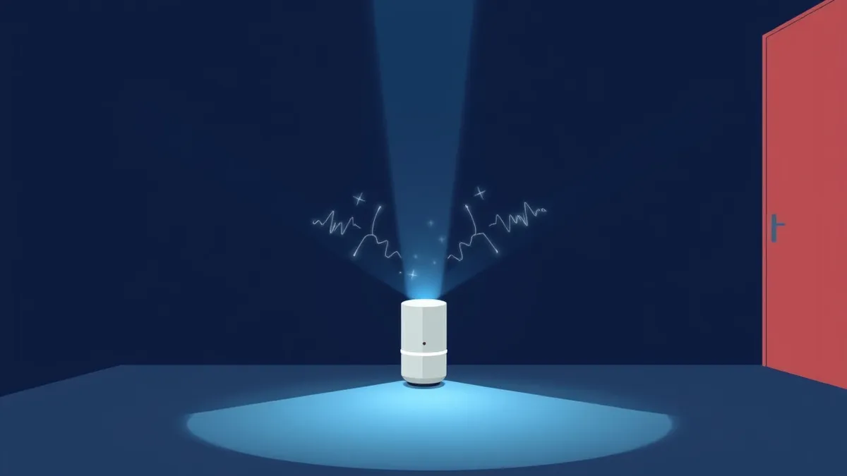Illustration: A sleek white sensor sits in a dark corridor, projecting a soft blue cone of light onto the floor.