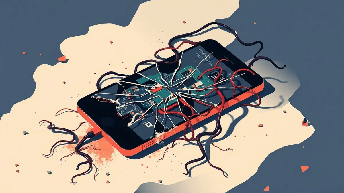 Illustration: A cracked smartphone screen lies on a dusty surface, revealing exposed circuit boards and twisted copper wires beneath the glass.