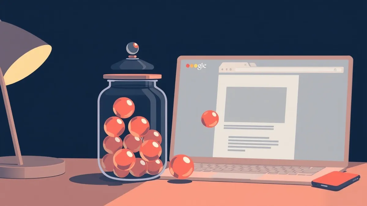 Illustration: A transparent cookie jar sits on a desk, filled with identical glass marbles that glow with the same soft light.