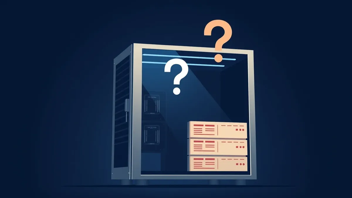 Illustration: A sleek silver server tower sits in a dim room with its side panel open, revealing empty motherboard slots where benchmark scorecards should be.