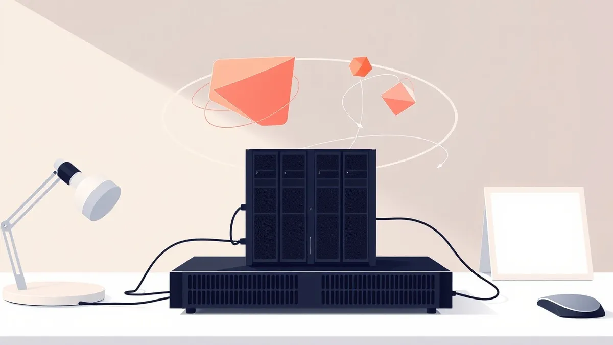 Illustration: A sleek black server node sits on a clean white desk.