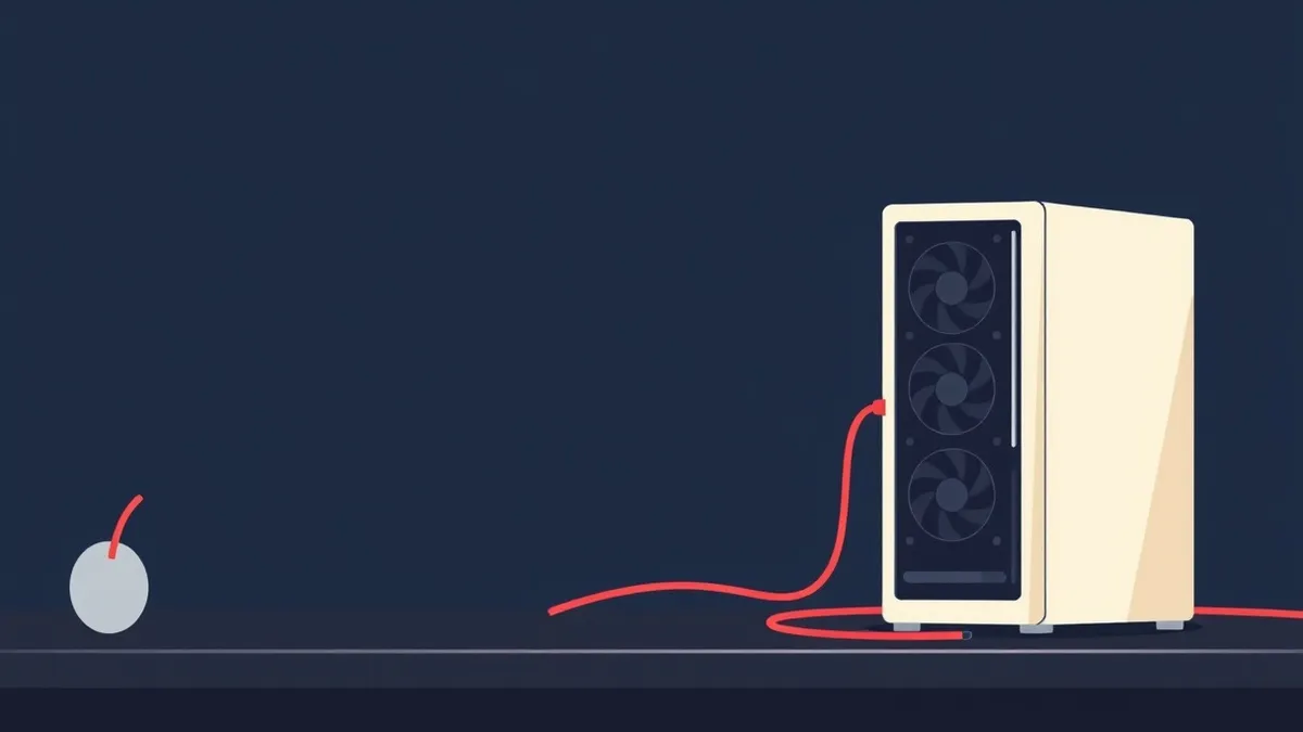 Illustration: A sleek white tower server sits isolated on a dark desk.