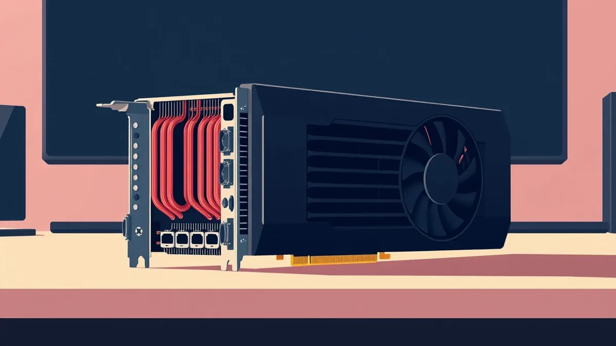 Illustration: A sleek black graphics processing unit sits on a clean desk surface.