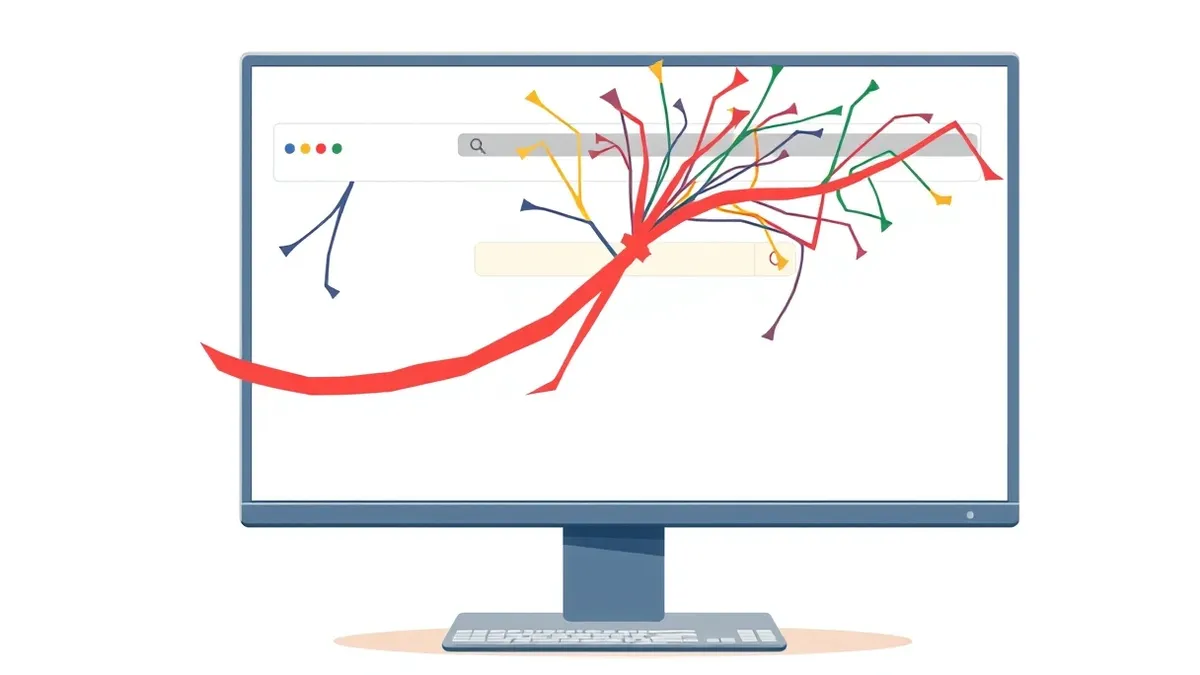 Illustration: A blank computer monitor displays a chaotic tangle of colorful, jagged digital threads weaving through empty browser tabs.