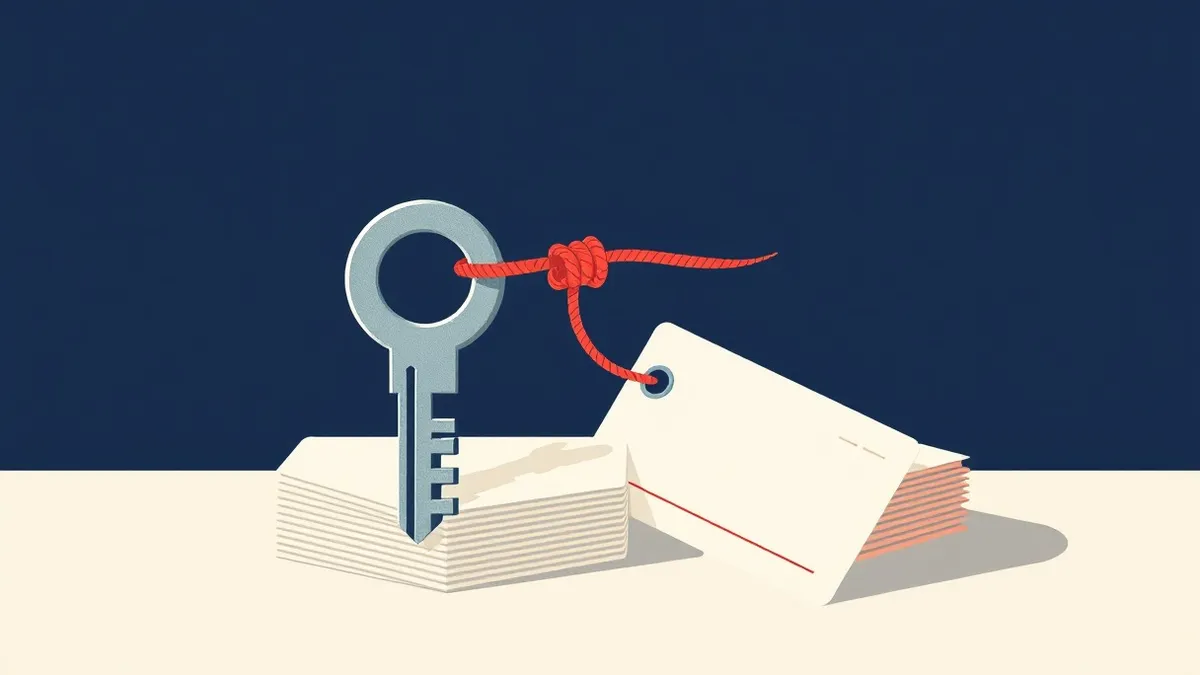 Illustration: A metallic key sits beside a stack of blank permission cards, connected by a single, taut red thread that wraps tightly around the key’s bow, illustrating the invisib