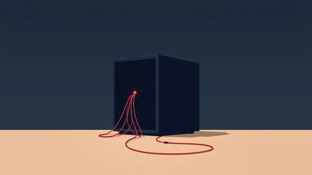 Illustration: A sleek black server unit sits isolated in a dim room, its single status light pulsing an urgent amber hue.