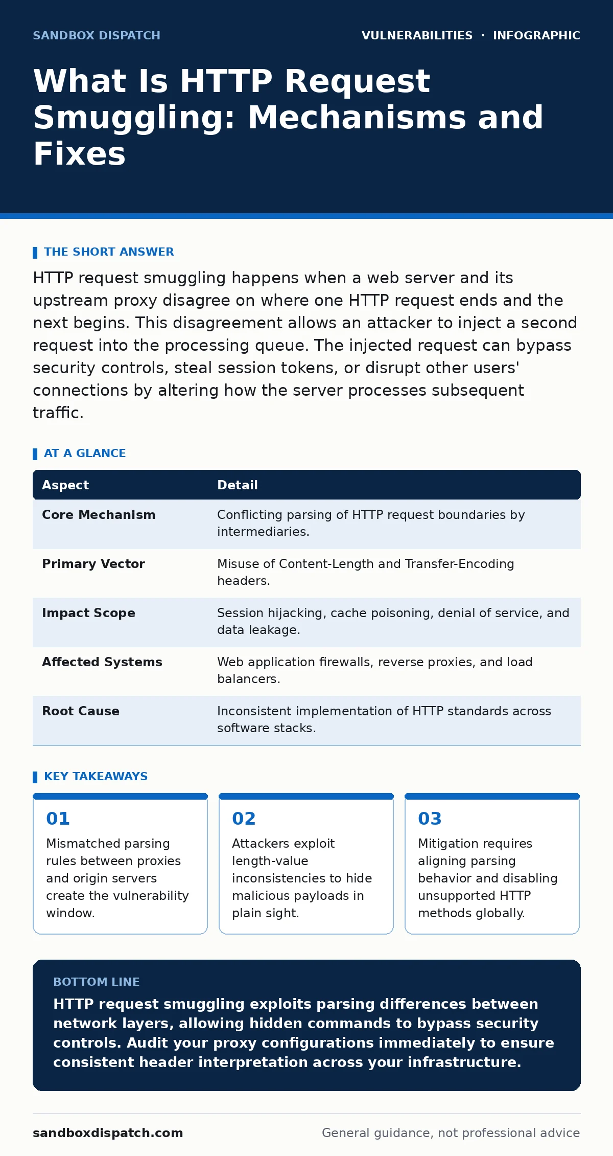 Infographic: What Is HTTP Request Smuggling: Mechanisms and Fixes. Mismatched parsing rules between proxies and origin servers create the vulnerability window. Attackers exploit length-value inconsistencies to hide malicious payloads in plain sight. Mitigation requires aligning parsing behavior and