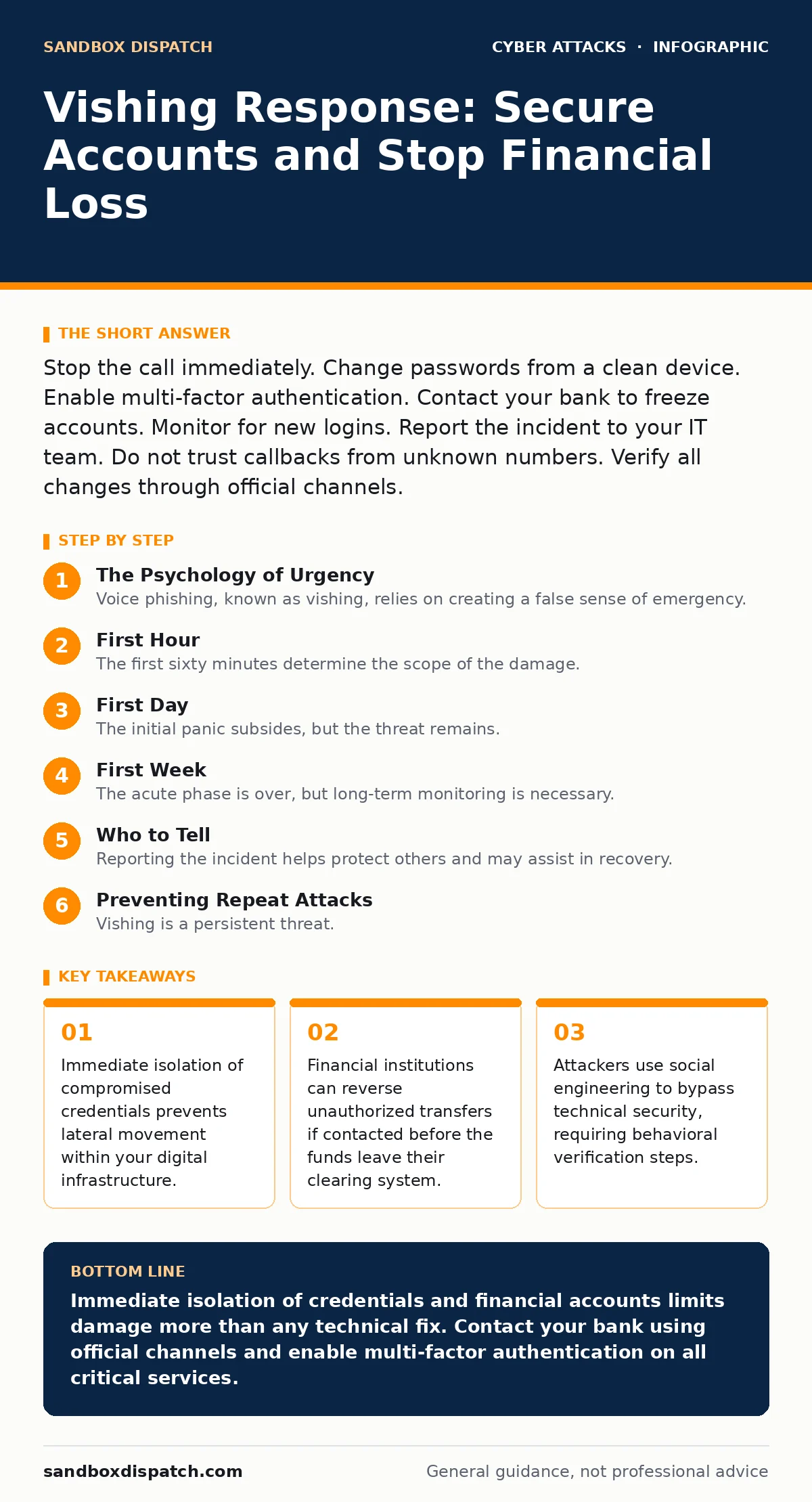 Infographic: Vishing Response: Secure Accounts and Stop Financial Loss. Immediate isolation of compromised credentials prevents lateral movement within your digital infrastructure. Financial institutions can reverse unauthorized transfers if contacted before the funds leave their clearing system. At