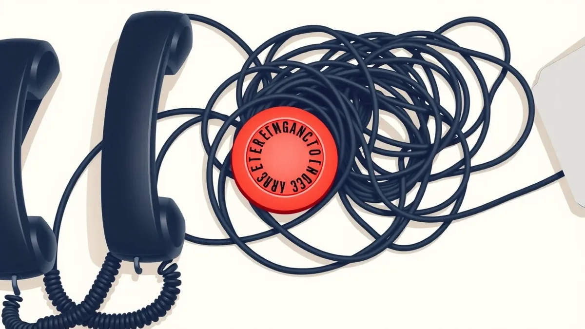 Illustration: A tangled knot of black telephone handset cords lies on a clean white desk.
