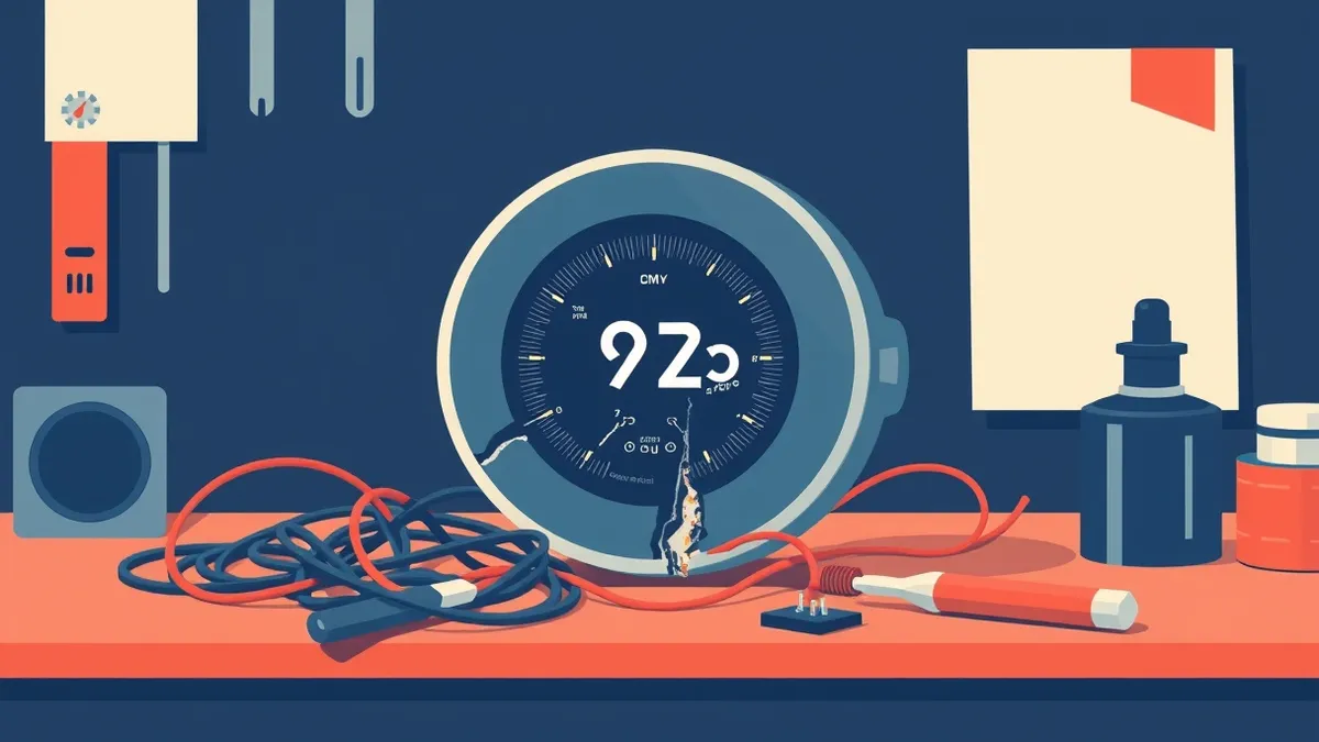 Illustration: A cracked smart thermostat sits on a workbench next to a pile of tangled wires and exposed circuit boards.