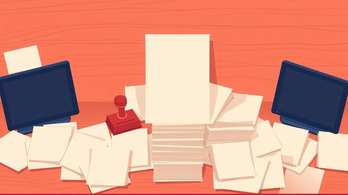 Illustration: A single blank paper document rests on a cluttered desk, surrounded by dozens of identical empty sheets.