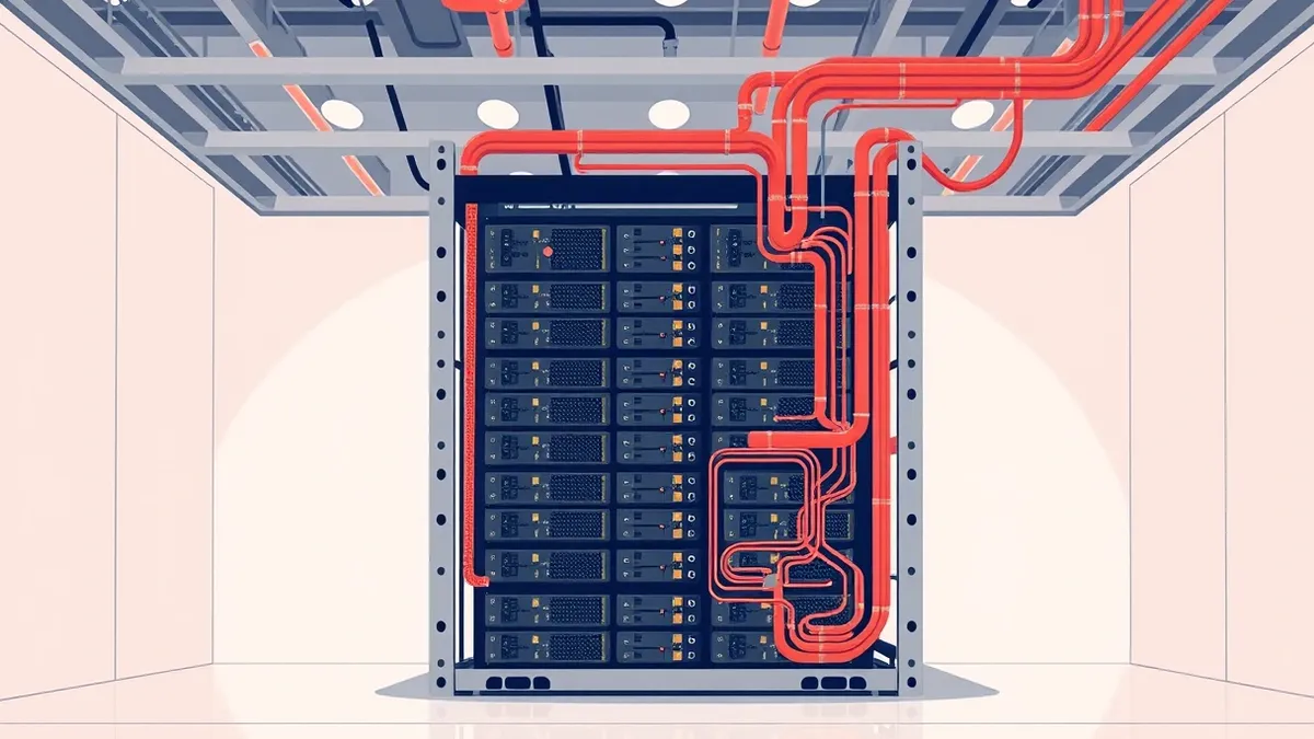 Illustration: An open metal framework stands in a clean room, revealing dense arrays of dark processing modules and tangled cooling pipes.