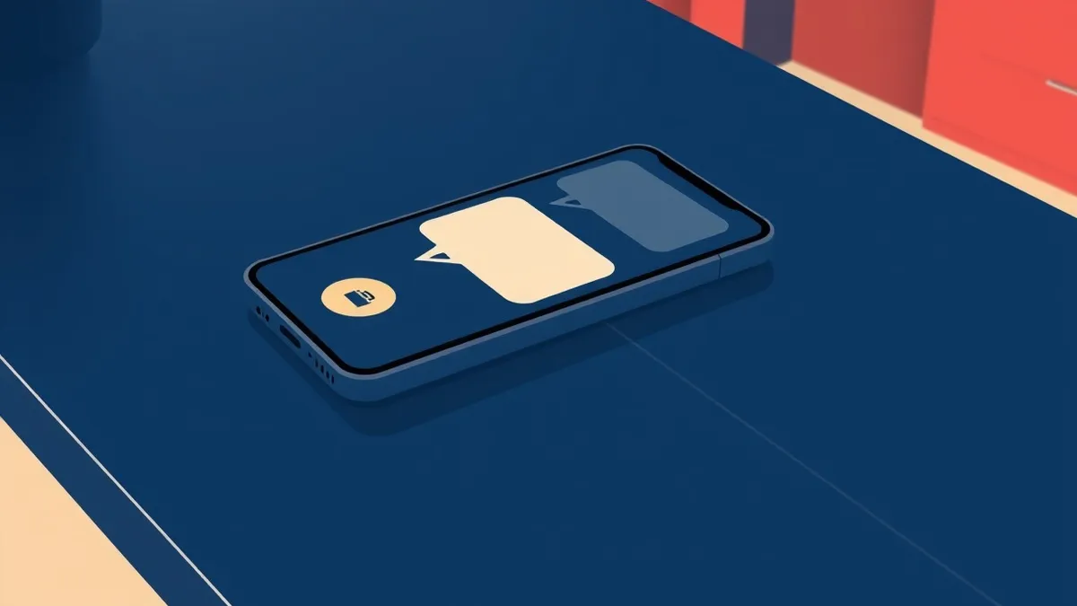Illustration: A modern smartphone rests on a sleek wooden hotel lobby desk, its screen displaying a minimalist chat interface with blank message bubbles.