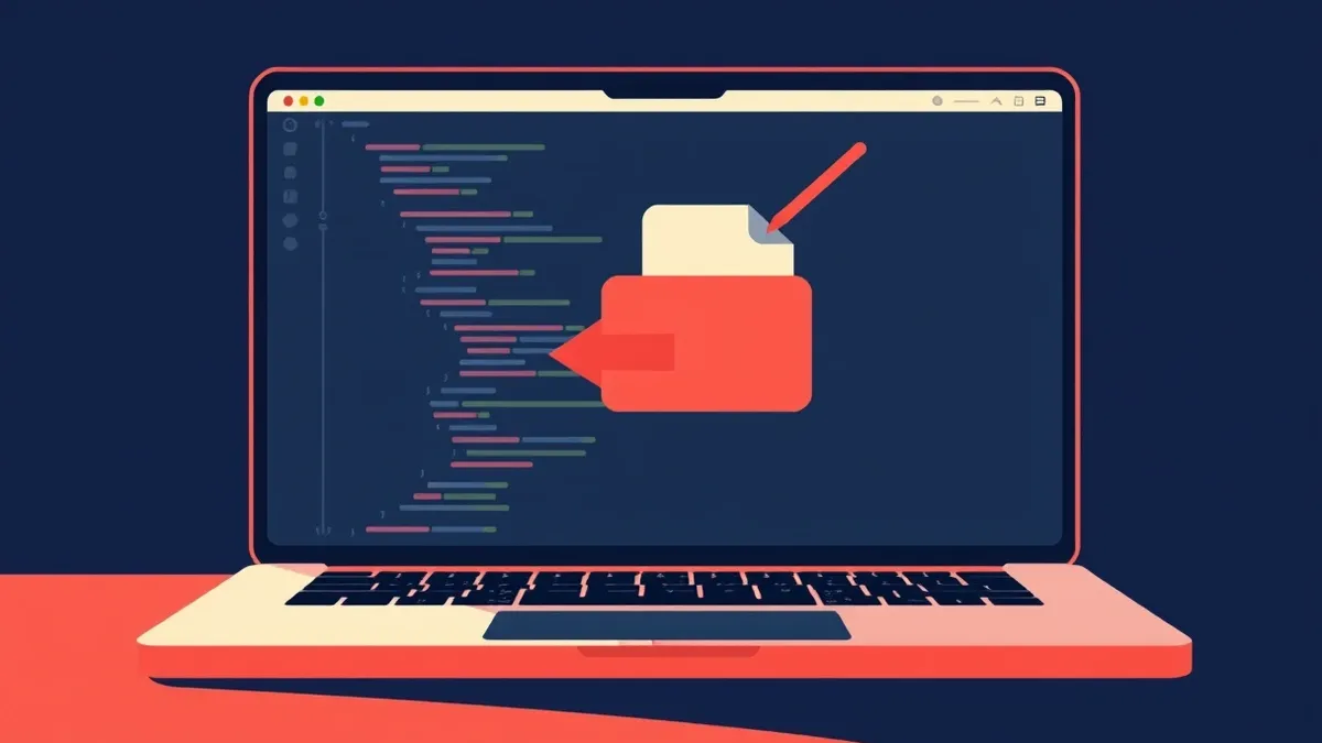 Illustration: An open laptop displays an empty code editor interface.