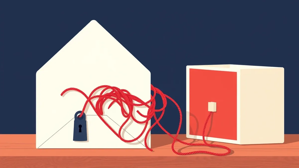 Illustration: A tangled knot of red yarn emerges from a blank white envelope, spilling onto a wooden desk next to a small, locked metal box.