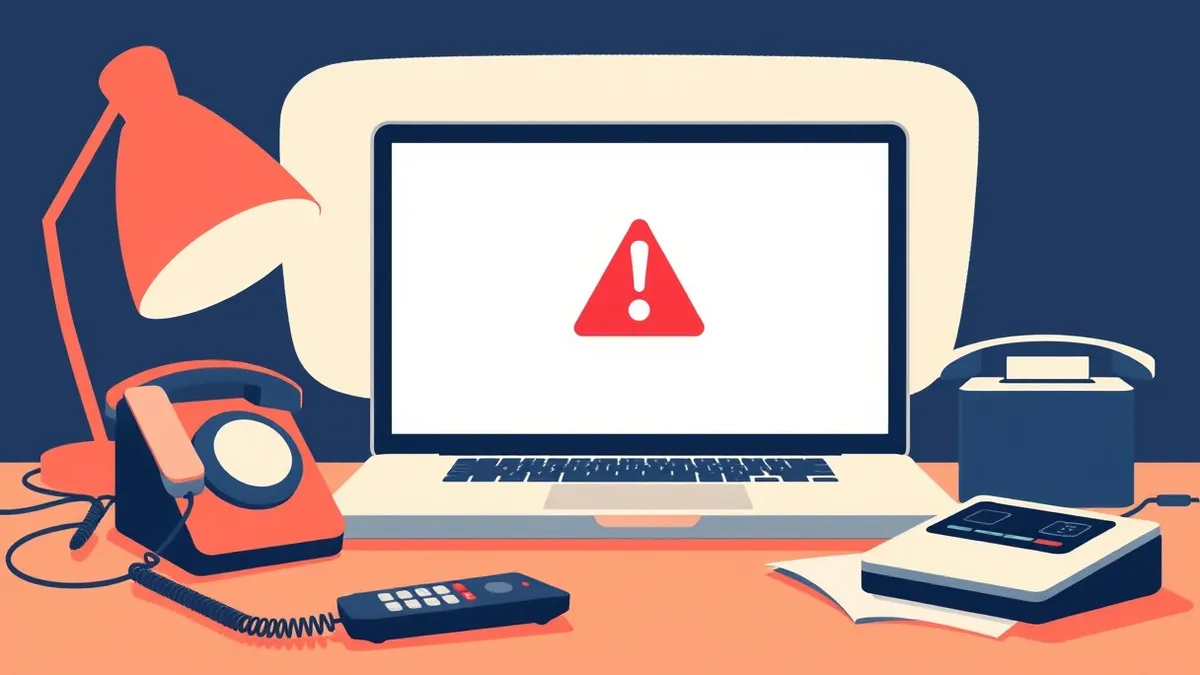 Illustration: A sleek laptop sits on a messy desk beside a ringing landline phone.
