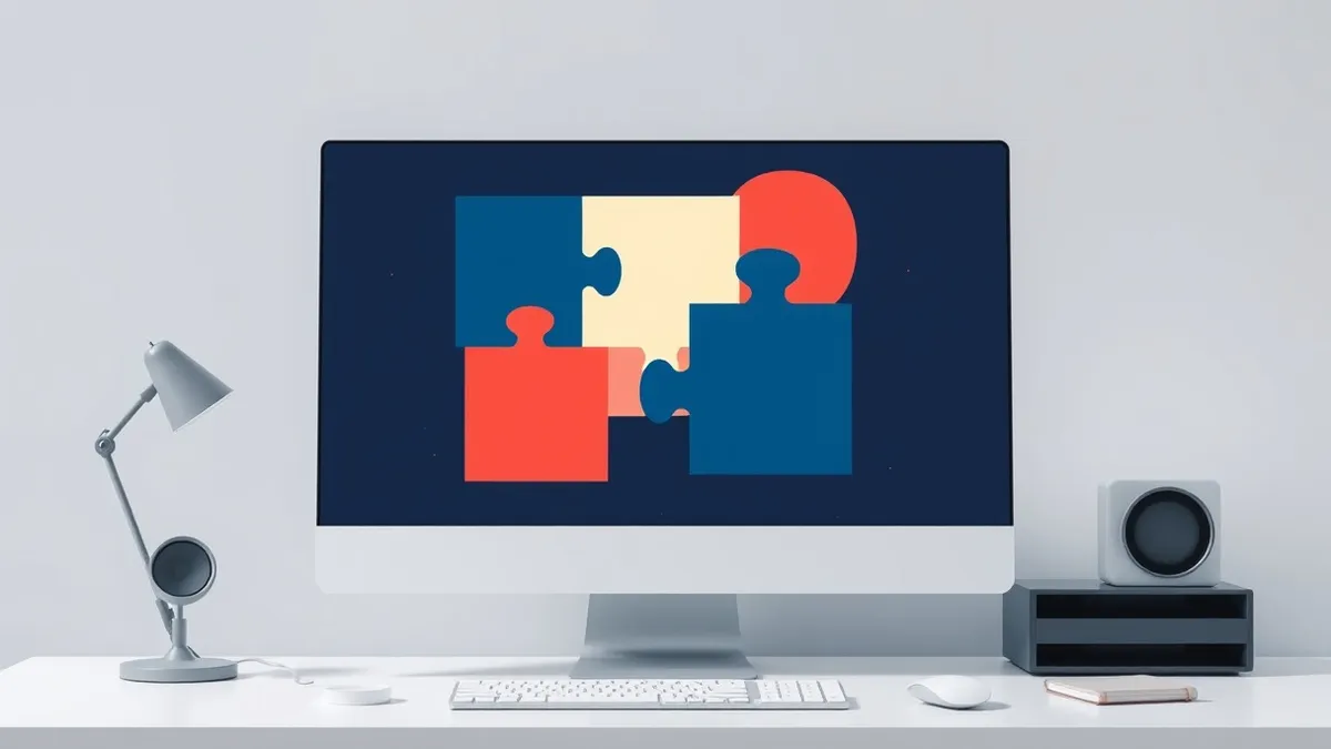 Illustration: A sleek white monitor sits on a minimalist desk, displaying three distinct abstract geometric shapes that interlock to form a larger puzzle piece.