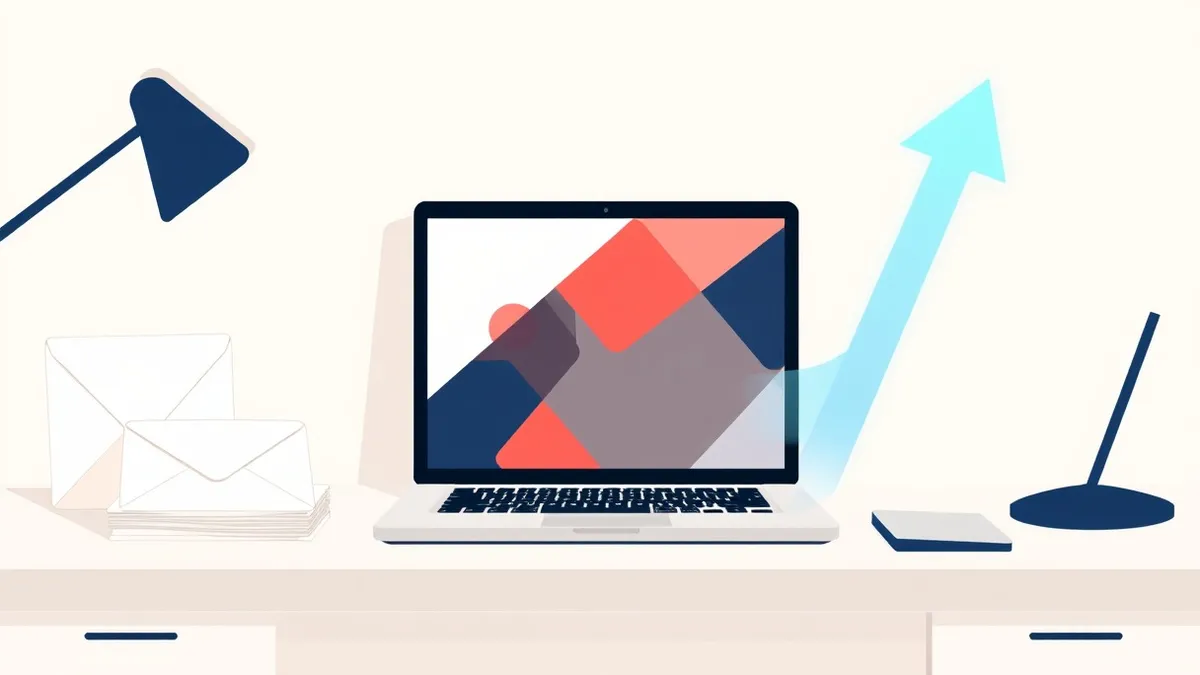 Illustration: A small office workspace features a sleek laptop displaying abstract geometric patterns on its screen.