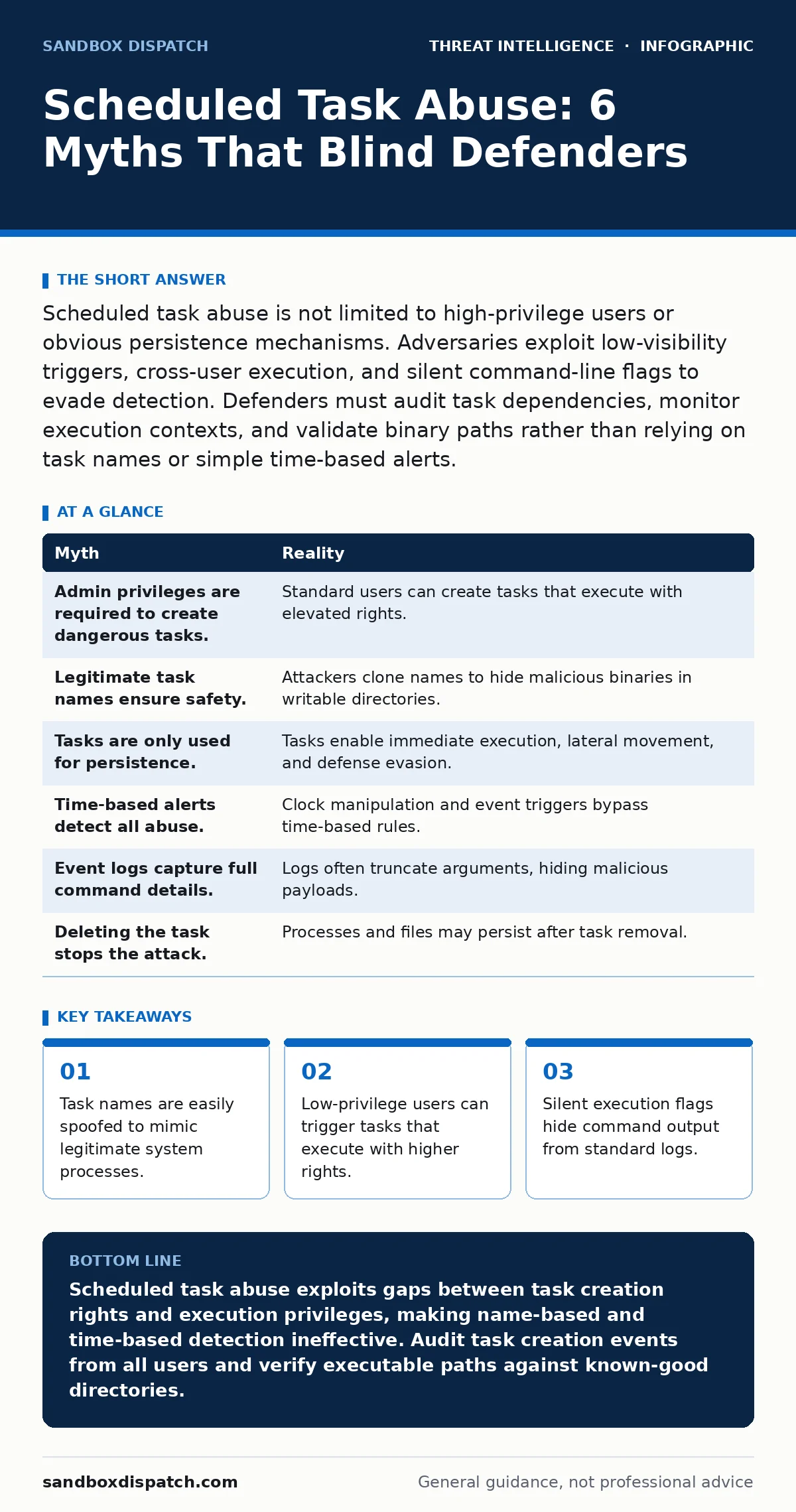 Infographic: Scheduled Task Abuse: 6 Myths That Blind Defenders. Task names are easily spoofed to mimic legitimate system processes. Low-privilege users can trigger tasks that execute with higher rights. Silent execution flags hide command output from standard logs. Time-based detection fails when a
