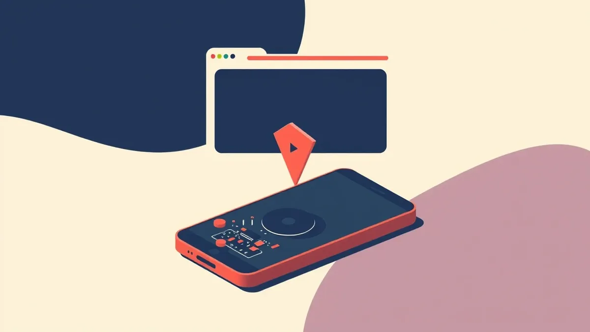 Illustration: A sleek web browser window floats above a disassembled smartphone, exposing its internal circuitry.