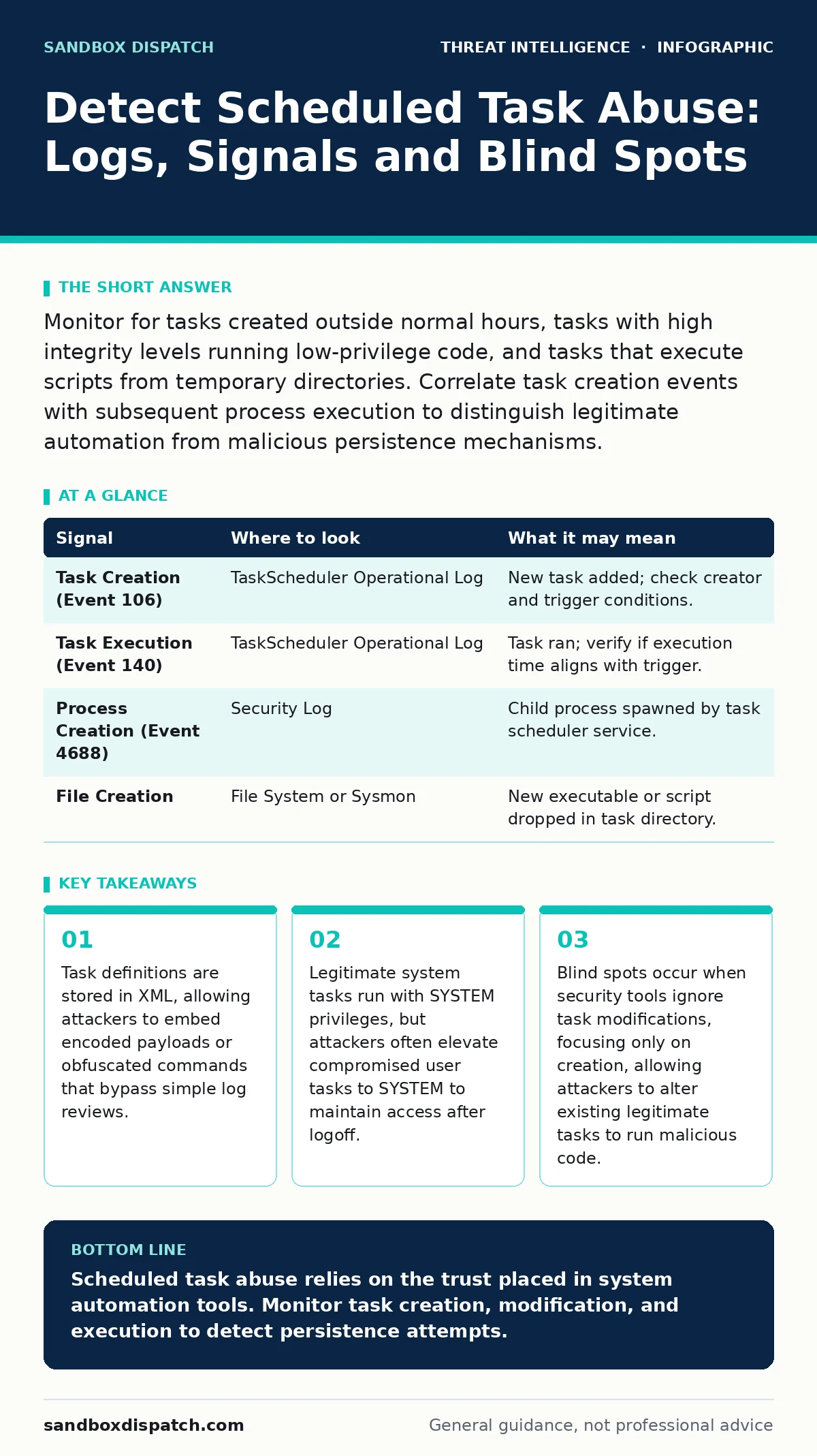 Infographic: Detect Scheduled Task Abuse: Logs, Signals and Blind Spots. Task definitions are stored in XML, allowing attackers to embed encoded payloads or obfuscated commands that bypass simple log reviews. Legitimate system tasks run with SYSTEM privileges, but attackers often elevate compromised