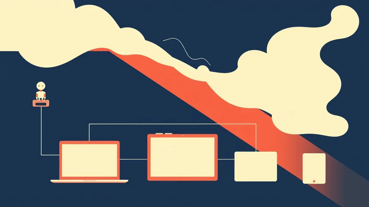 Illustration: A digital workflow diagram shows autonomous AI agents executing software tasks, then dissolving into thin air like smoke, leaving empty, unmarked boxes where audit tr