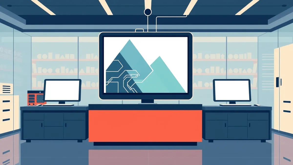 Illustration: A sleek testing terminal sits in a modern lab, its blank monitor displaying abstract geometric shapes as data flows in from a distant connection point, symbolizing th