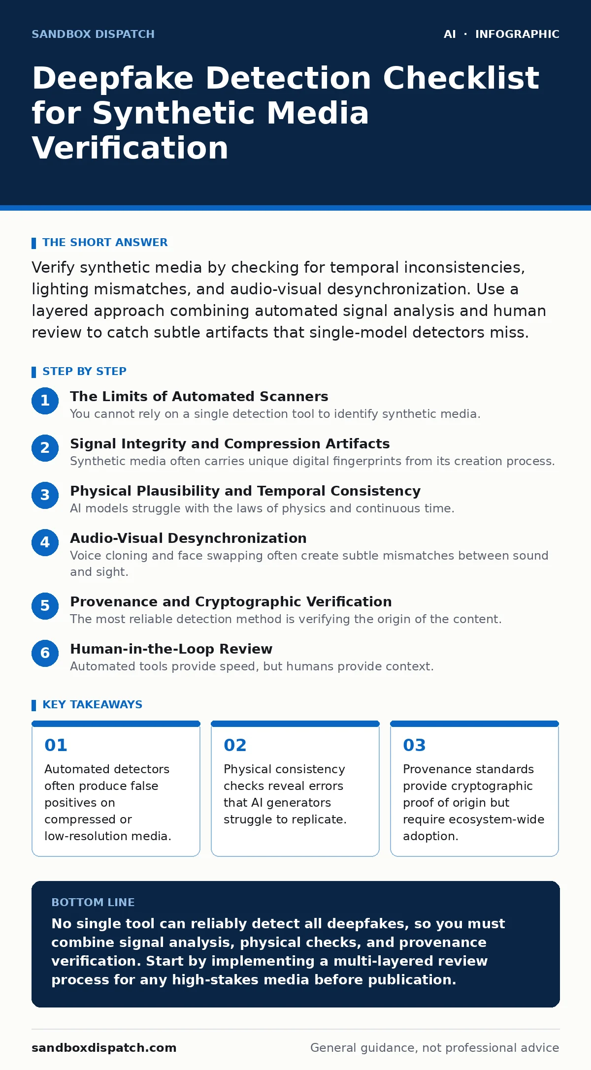 Infographic: Deepfake Detection Checklist for Synthetic Media Verification. Automated detectors often produce false positives on compressed or low-resolution media. Physical consistency checks reveal errors that AI generators struggle to replicate. Provenance standards provide cryptographic proof of