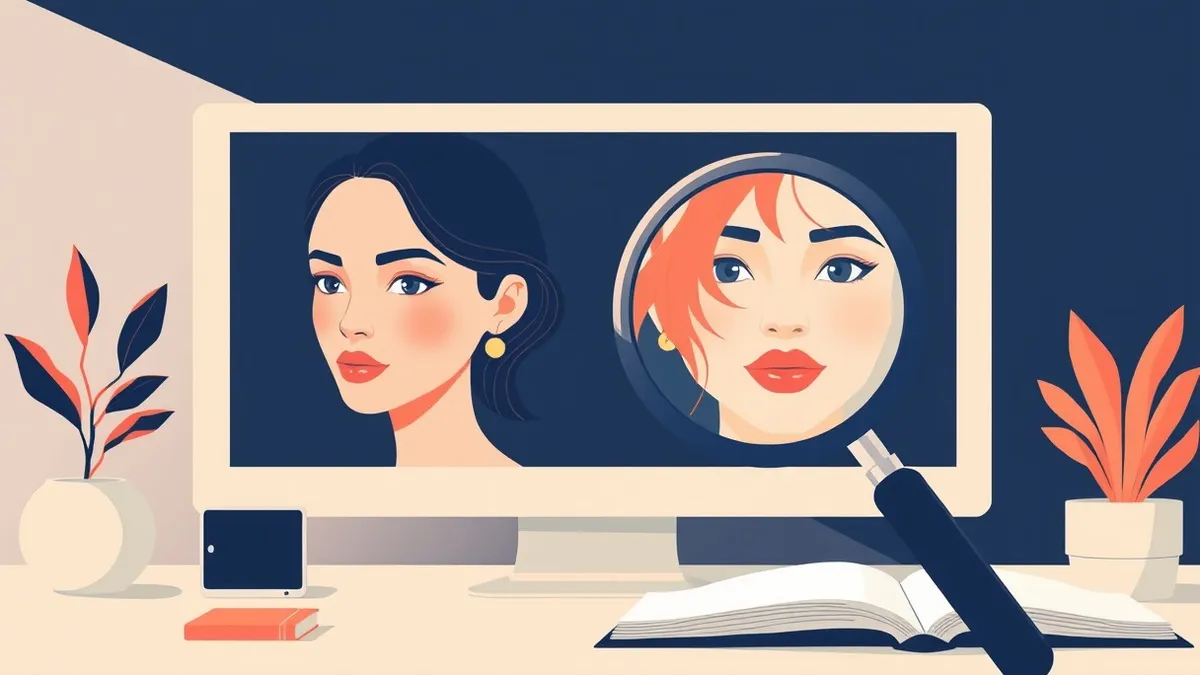 Illustration: A split digital display contrasts a flawless portrait with a glitching version showing impossible skin textures and floating hair strands.