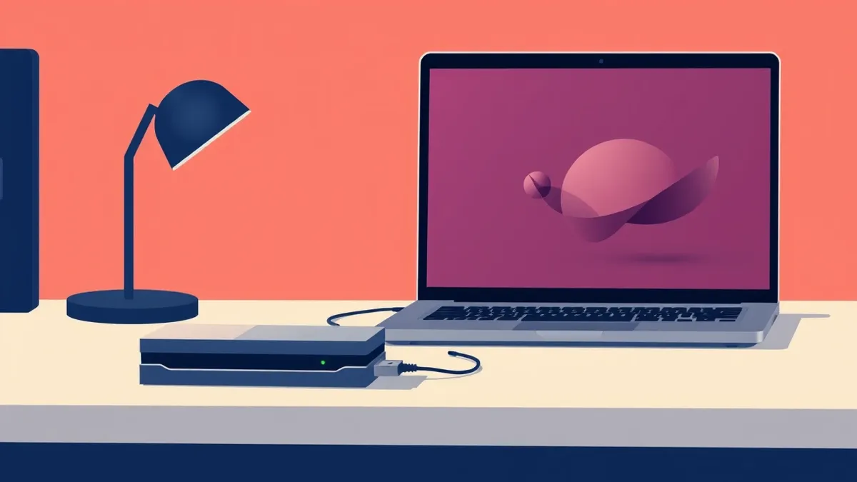 Illustration: A sleek security gateway device sits on a clean desk, its single green light steady and unblinking.