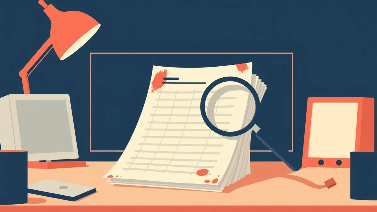 Illustration: A stack of blank server log sheets spills across a desk, revealing faint red smudges on the edges like burnt toast crusts.