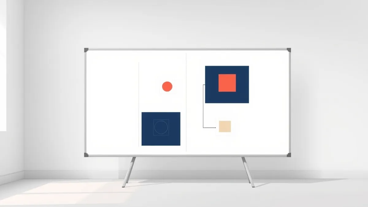 Illustration: A blank whiteboard stands in a quiet room, its surface divided into six distinct geometric sections by faint charcoal lines.